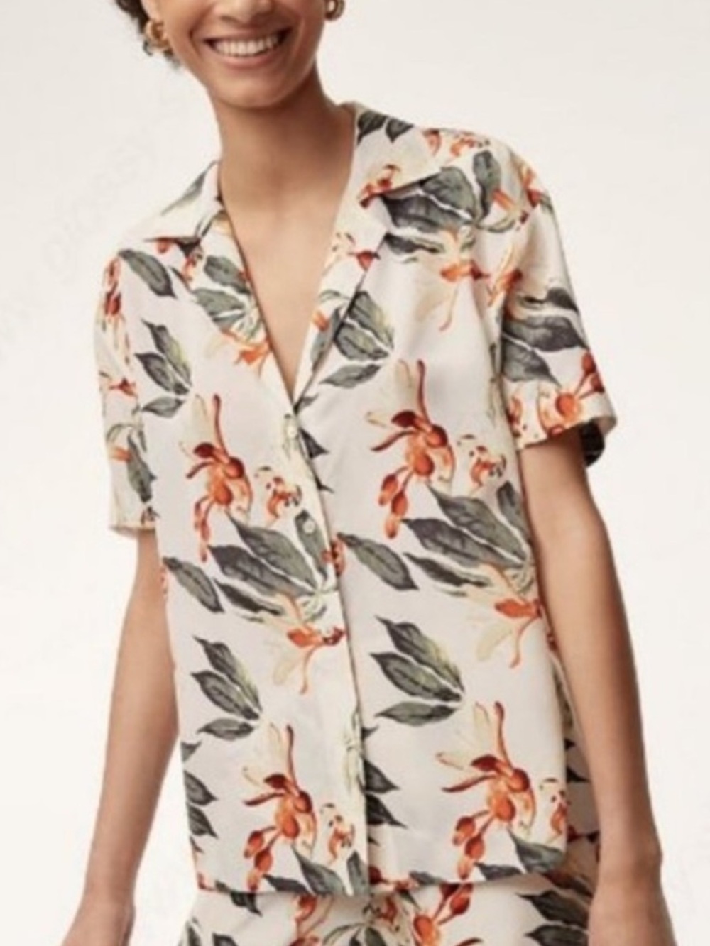 ARITZIA BABATON 100% Silk Cream Rorik Blouse Floral Tropical Print Shirt Small